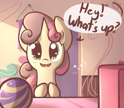 Size: 1150x1000 | Tagged: safe, artist:spikedmauler, sweetie belle, pony, unicorn, computer, cute, dialogue, diasweetes, female, filly, go ask sweetie belle, greeting, happy, open mouth, room, solo, speech bubble