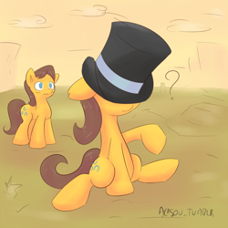 Size: 900x900 | Tagged: safe, artist:alasou, derpibooru import, caramel, toffee, earth pony, pony, 30 minute art challenge, cute, floppy ears, frown, oversized hat, question mark, raised hoof, sitting, wardrobe malfunction, wide eyes