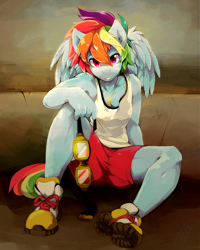 Size: 800x1000 | Tagged: safe, artist:jeniak, derpibooru import, rainbow dash, anthro, detailed, goggles, shoes, sneakers, solo