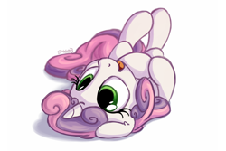 Size: 1800x1200 | Tagged: safe, artist:bobdude0, sweetie belle, pony, unicorn, belly, cute, diasweetes, female, filly, horses doing horse things, imminent belly rub, legs in air, looking up, on back, open mouth, rolling, simple background, smiling, solo, upside down, weapons-grade cute, white background