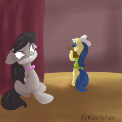 Size: 1200x1200 | Tagged: safe, artist:alasou, derpibooru import, fiddlesticks, octavia melody, earth pony, pony, apple family member, bondage, cloth gag, fiddle, gag, stage, unsexy bondage