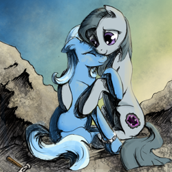 Size: 2000x2000 | Tagged: safe, artist:silfoe, derpibooru import, marble pie, trixie, earth pony, pony, unicorn, bracelet, fanfic, female, hammer, hug, lesbian, marbixie, mare, rock farm, shipping, sitting