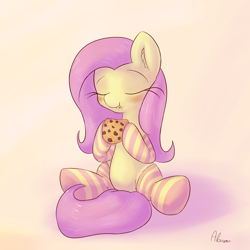 Size: 1200x1200 | Tagged: safe, artist:alasou, derpibooru import, fluttershy, pegasus, pony, clothes, cookie, cute, eating, shyabetes, socks, solo, striped socks