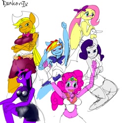 Size: 900x900 | Tagged: safe, artist:darkonix, derpibooru import, applejack, fluttershy, pinkie pie, rainbow dash, rarity, twilight sparkle, anthro, earth pony, pony, 30 minute art challenge, mane six, sailor moon