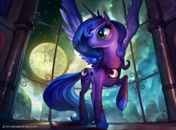 Size: 1400x1028 | Tagged: source needed, useless source url, safe, artist:john thacker, princess luna, alicorn, pony, friendship is magic, female, full moon, hoof shoes, magic the gathering, mare, mare in the moon, moon, official, ponies the galloping, raised hoof, s1 luna, solo