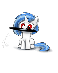 Size: 1600x2000 | Tagged: safe, artist:valcron, dj pon-3, vinyl scratch, pony, unicorn, cute, female, filly, foal, mouth hold, record, red eyes, simple background, solo, vinylbetes, white background, younger