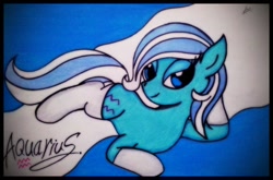 Size: 1024x676 | Tagged: safe, artist:canvymamamoo, derpibooru import, oc, oc only, oc:aquarius, earth pony, pony, abstract background, aquarius, clothes, female, lidded eyes, mare, prone, socks, solo