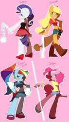 Size: 831x1458 | Tagged: safe, artist:polywomple, derpibooru import, applejack, pinkie pie, rainbow dash, rarity, anthro, earth pony, pony, bandage, bandana, bedroom eyes, bo staff, boots, boxing gloves, bracelet, clothes, flail, frown, gloves, grin, gun, midriff, miniskirt, panty and stocking with garterbelt, pantyhose, rifle, shirt, shorts, skirt, smiling, weapon, wink