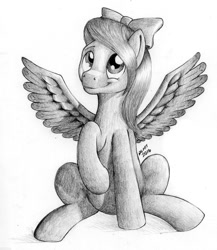 Size: 1110x1280 | Tagged: safe, artist:hardrockllama, flitter, pegasus, pony, female, grayscale, mare, monochrome, raised hoof, simple background, sitting, solo, spread wings, traditional art