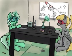Size: 1218x946 | Tagged: safe, artist:^:3, derpy hooves, lyra heartstrings, earth pony, pony, unicorn, beaker, chemistry, duo, ear fluff, erlenmeyer flask, flask, glowing horn, goggles, magic, open mouth, ponytail, rocket, safety goggles, science, sitting, table, telekinesis, test tube, whiteboard