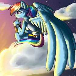 Size: 1024x1024 | Tagged: safe, artist:annakitsun3, derpibooru import, rainbow dash, anthro, clothes, cloud, cloudy, drink, headband, morning, ponytail, tanktop, workout