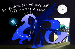 Size: 1748x1155 | Tagged: safe, artist:underpable, derpibooru import, princess celestia, princess luna, alicorn, pony, angry, cranky, glaze, ipod, lost on the moon, singing, sleepy, song reference