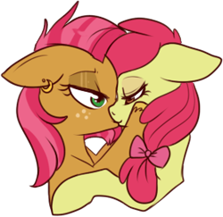 Size: 280x272 | Tagged: safe, artist:lulubell, derpibooru import, apple bloom, babs seed, earth pony, pony, appleseed, cousins, female, incest, kissing, lesbian, shipping, simple background, transparent background