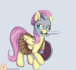 Size: 1300x1200 | Tagged: safe, artist:alasou, fluttershy, pegasus, pony, armor, gladiator, helmet, mouth hold, patreon, patreon logo, raised hoof, shield, solo, sword, weapon