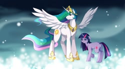 Size: 1468x813 | Tagged: safe, artist:mr-tiaa, princess celestia, twilight sparkle, unicorn twilight, alicorn, pony, unicorn, magical mystery cure, ascension, duo, ethereal mane, female, mare, princess celestia's special princess making dimension, raised hoof, scene interpretation, underhoof, void