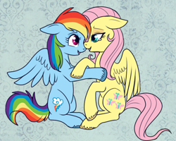 Size: 520x415 | Tagged: safe, artist:lulubell, derpibooru import, fluttershy, rainbow dash, pegasus, pony, female, flutterdash, lesbian, nuzzling, shipping, unshorn fetlocks