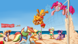 Size: 1920x1080 | Tagged: safe, artist:alasou, derpibooru import, applejack, derpy hooves, fluttershy, pinkie pie, rainbow dash, rarity, spike, twilight sparkle, twilight sparkle (alicorn), oc, oc:beach ball, alicorn, dragon, earth pony, pegasus, pony, unicorn, beach, beach ball, mane six, pun, sports, visual pun