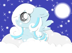 Size: 944x704 | Tagged: safe, artist:nekosnicker, derpibooru import, oc, oc only, oc:snowdrop, pegasus, pony, blank flank, cloud, female, filly, foal, hooves, moon, night, night sky, on a cloud, sky, solo, spread wings, stars, wings