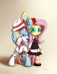 Size: 930x1200 | Tagged: safe, artist:alasou, derpibooru import, fluttershy, rainbow dash, pegasus, pony, bipedal, clothes, fedora, flower, hat, lollipop, rose, socks, standing, stockings, striped socks