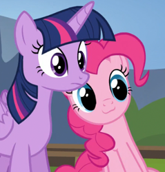 Size: 372x389 | Tagged: safe, screencap, pinkie pie, twilight sparkle, twilight sparkle (alicorn), alicorn, earth pony, pony, testing testing 1-2-3, :3, catface, cropped, cute, diapinkes, female, mare, meme origin, sitting, sitting catface meme, smiling