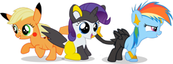 Size: 2306x854 | Tagged: safe, artist:genesismasterda, applejack, rainbow dash, rarity, earth pony, pikachu, pony, crossover, emolga, filly, pokefied, pokémon, shinx, species swap, trio