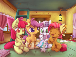 Size: 1290x960 | Tagged: safe, artist:alasou, derpibooru import, apple bloom, babs seed, princess celestia, scootaloo, sweetie belle, earth pony, pegasus, pony, rabbit, unicorn, bow, bunnified, bunnylestia, clubhouse, crown, crusaders clubhouse, cute, cutie mark crusaders, female, filly, freckles, hair bow, open mouth, roleplaying, smiling, species swap, teddy bear, whistle
