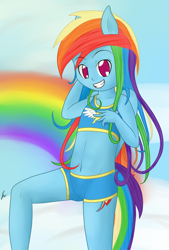 Size: 1000x1476 | Tagged: safe, artist:anonjg, derpibooru import, rainbow dash, anthro, ambiguous facial structure, belly button, bikini, breasts, clothes, delicious flat chest, female, foal, midriff, pose, smiling, solo, swimsuit, young