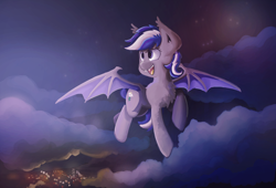 Size: 1600x1088 | Tagged: safe, artist:saxopi, oc, oc only, oc:daturea eventide, bat pony, pony, city, cityscape, cloud, flying, night, solo