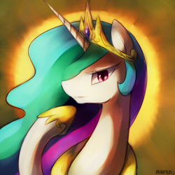 Size: 2000x2000 | Tagged: safe, artist:maren, derpibooru import, princess celestia, alicorn, pony, bust, crown, female, gradient background, horn, looking at you, mare, multicolored mane, raised hoof, smiling, solo