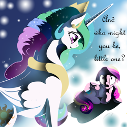 Size: 4096x4096 | Tagged: safe, artist:silfoe, derpibooru import, princess cadance, princess celestia, alicorn, pony, my little pony chapter books, twilight sparkle and the crystal heart spell, absurd resolution, duo, female, filly, mare, pegasus cadance, princess celestia's special princess making dimension, scene interpretation, stars, void, younger