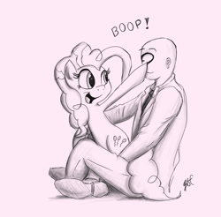 Size: 1500x1478 | Tagged: safe, artist:bgf, pinkie pie, oc, oc:anon, human, boop, cute, diapinkes, happy, monochrome, open mouth, sitting, smiling