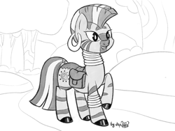 Size: 1600x1200 | Tagged: safe, artist:dsp2003, part of a set, zecora, zebra, fanfic:why am i pinkie pie, 2016, black and white, cute, ear piercing, earring, female, grayscale, jewelry, monochrome, open mouth, piercing, saddle bag, solo, zecorable