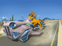 Size: 2048x1536 | Tagged: safe, artist:yakovlev-vad, derpibooru import, oc, oc only, earth pony, pony, cactus, desert, dieselpunk, goggles, hoverbike, riding, road, sky