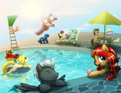 Size: 1035x800 | Tagged: safe, artist:aylastardragon, bon bon, cloudchaser, derpy hooves, doctor whooves, flitter, lyra heartstrings, sweetie drops, thunderlane, oc, oc:peanut bucker, pegasus, pony, female, floaty, mare, swimming pool