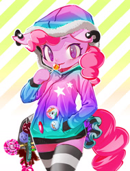 Size: 1162x1532 | Tagged: dead source, safe, artist:iizuna, derpibooru import, pinkie pie, rainbow dash, anthro, button, candy, clothes, female, hoodie, lollipop, psychedelic, solo, thigh highs