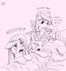 Size: 1500x1611 | Tagged: safe, artist:bgf, pinkie pie, rainbow dash, twilight sparkle, twilight sparkle (alicorn), oc, oc:anon, alicorn, human, pony, anon in equestria, anonymous, backwards thermometer, bed, big no, crying, dialogue, eyes closed, floppy ears, funny, kissing, open mouth, overreaction, pinkamena diane pie, sad, screaming, sick, sweat, thermometer