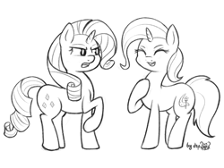 Size: 1600x1200 | Tagged: safe, artist:dsp2003, part of a set, rarity, trixie, earth pony, pony, unicorn, fanfic:why am i pinkie pie, 2016, black and white, cute, eyes closed, female, frown, grayscale, monochrome, open mouth