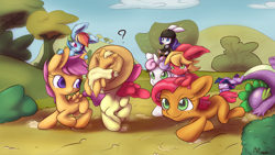 Size: 1920x1080 | Tagged: safe, artist:alasou, derpibooru import, apple bloom, applejack, babs seed, big macintosh, rainbow dash, rarity, scootaloo, spike, sweetie belle, twilight sparkle, earth pony, pony, rabbit, accessory swap, bunnified, bunny sparkle, bunnyjack, cutie mark crusaders, faceplant, hat, rabbit dash, rabbity, race, racing, riding, species swap, wallpaper