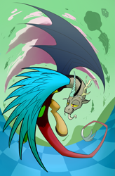 Size: 1181x1800 | Tagged: safe, artist:underpable, derpibooru import, discord, draconequus, chaos, discorded landscape, floating island, flying, green sky, male, solo, spread wings, wings