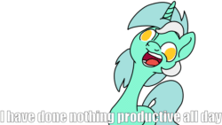 Size: 1280x720 | Tagged: safe, artist:witchtaunter, edit, lyra heartstrings, pony, animated, caption, frame by frame, i have done nothing productive all day, image macro, meme, reaction image, silly, silly pony, simple background, solo, text, white background