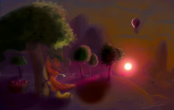 Size: 1920x1212 | Tagged: safe, artist:naterrang, color edit, edit, applejack, earth pony, pony, alcohol, apple, balloon, cider, colored, food, peaceful, scenery, solo, sunset, tree