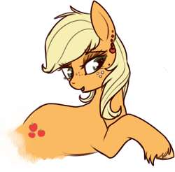 Size: 391x384 | Tagged: safe, artist:lulubell, derpibooru import, applejack, earth pony, pony, alternate hairstyle, ear piercing, earring, hatless, missing accessory, piercing, raised hoof, simple background, solo, unshorn fetlocks, white background