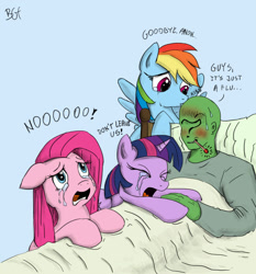 Size: 1500x1611 | Tagged: safe, artist:bgf, color edit, edit, pinkie pie, rainbow dash, twilight sparkle, twilight sparkle (alicorn), oc, oc:anon, alicorn, human, pony, anon in equestria, anonymous, backwards thermometer, bed, big no, colored, crying, dialogue, eyes closed, floppy ears, kissing, open mouth, overreaction, pinkamena diane pie, sad, screaming, sick, sweat, thermometer