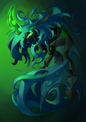 Size: 1181x1687 | Tagged: safe, artist:underpable, derpibooru import, queen chrysalis, changeling, changeling queen, badass, female, glowing eyes, long mane, long tail, magic, solo