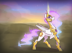 Size: 1180x879 | Tagged: safe, artist:mymineawesome, princess celestia, alicorn, pony, corrupted, evil, frown, glowing eyes, glowing horn, looking at you, magic, raised hoof, raised leg, solo, twilight (astronomy)