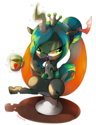 Size: 1145x1489 | Tagged: safe, artist:maren, derpibooru import, queen chrysalis, changeling, changeling queen, glasses, solo