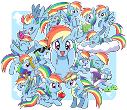 Size: 2650x2300 | Tagged: safe, artist:ryuu, rainbow dash, tank, pegasus, pony, adorable face, adorkable, apple, backwards cutie mark, bathrobe, bedroom eyes, best pony, blushing, book, clothes, cloud, crying, cute, dashabetes, dashstorm, dork, dress, eating, eyes closed, facial expressions, female, flying, food, frown, gala dress, happy, hat, hnnng, looking at you, mare, multeity, party hat, prone, puffy cheeks, rainbow dash always dresses in style, rainbow dash day, reading, robe, sad, salute, sleeping, smiling, smirk, squishy cheeks, starry eyes, sunglasses, tank slippers, weapons-grade cute, wingding eyes, wonderbolts uniform
