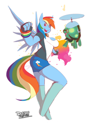 Size: 618x892 | Tagged: safe, artist:lionalliance, derpibooru import, rainbow dash, tank, anthro, big breasts, bracelet, breasts, clothes, female, gloves, jewelry, rainboob dash, shirt, shorts, solo, wristband