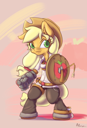 Size: 850x1250 | Tagged: safe, artist:alasou, derpibooru import, applejack, anthro, earth pony, pony, unguligrade anthro, gauntlet, shield, solo