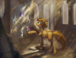 Size: 3000x2292 | Tagged: safe, artist:kittiara, applejack, fluttershy, pinkie pie, rainbow dash, rarity, twilight sparkle, oc, oc:golden laurel, earth pony, pegasus, pony, unicorn, crepuscular rays, female, high res, mane six, mare, mosaic, mural, raised hoof, ruins, solo, unshorn fetlocks